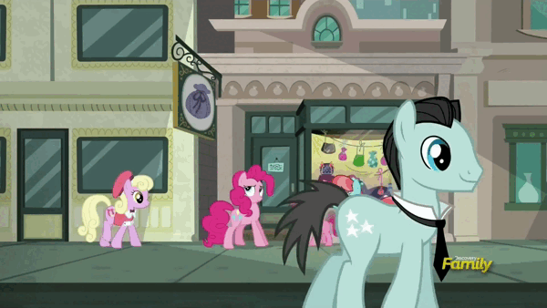 Size: 600x338 | Tagged: safe, derpibooru import, edit, edited screencap, screencap, bruce mane, copper top, luckette, lucky breaks, neigh sayer, pinkie pie, ruby pinch, strawberry ice, earth pony, pony, unicorn, the gift of the maud pie, angry, animated, concerned, cuffs, discovery family, discovery family logo, female, filly, foal, gif, hat, hoof on chest, image, logo, looking at each other, looking at someone, male, manehattan, mare, necktie, police pony, running away, sitting, stallion, store, sunglasses, walking