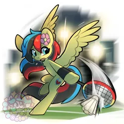 Size: 852x849 | Tagged: safe, artist:colorfulcolor233, derpibooru import, oc, unofficial characters only, pegasus, pony, badminton, female, flower, flower in hair, image, open mouth, png, racket, solo, sports