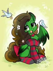 Size: 623x828 | Tagged: safe, artist:colorfulcolor233, derpibooru import, oc, unofficial characters only, bird, pegasus, pony, bow, clothes, colored wings, female, flower, flower in hair, image, looking at you, open mouth, open smile, png, smiling, socks, solo, striped socks, tail, tail bow, wings