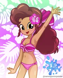 Size: 2015x2490 | Tagged: safe, artist:rjp.rammy, derpibooru import, oc, oc:christina, unofficial characters only, human, equestria girls, armpits, belly button, bra, breasts, cleavage, clothes, cute, female, image, looking at you, ocbetes, open mouth, open smile, png, reasonably sized breasts, signature, sleeveless, smiling, smiling at you, solo, underwear