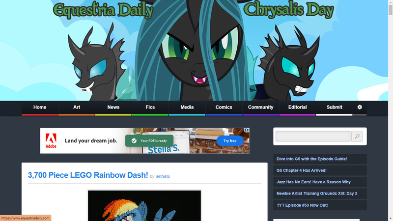 Size: 1366x768 | Tagged: safe, derpibooru import, edit, queen chrysalis, rainbow dash, changeling, equestria daily, advertisement, chrysalis day, female, image, looking at you, png, solo, website
