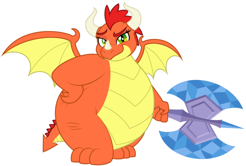 Size: 1280x866 | Tagged: safe, artist:aleximusprime, derpibooru import, oc, oc:billow the dragon, unofficial characters only, dragon, flurry heart's story, axe, bedroom eyes, dragon oc, dragoness, fat, female, hand on hip, image, looking at you, non-pony oc, png, simple background, smiling, solo, spread wings, sultry pose, transparent background, weapon, wings