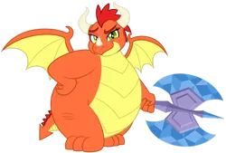 Size: 1280x866 | Tagged: safe, artist:aleximusprime, derpibooru import, oc, oc:billow the dragon, unofficial characters only, dragon, flurry heart's story, axe, bedroom eyes, dragon oc, dragoness, fat, female, hand on hip, image, looking at you, non-pony oc, png, simple background, smiling, solo, spread wings, sultry pose, transparent background, weapon, wings