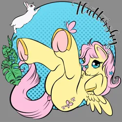 Size: 1500x1500 | Tagged: safe, artist:nostalgic_litmoon, derpibooru import, fluttershy, butterfly, insect, pegasus, pony, rabbit, anatomically incorrect, animal, butt, commission, cute, dock, female, flower, flower in hair, flutterbutt, image, incorrect leg anatomy, jpeg, looking at you, mare, shyabetes, smiling, smiling at you, solo, tail