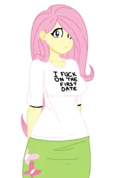 Size: 1044x1518 | Tagged: dead source, suggestive, artist:reiduran, color edit, derpibooru import, edit, fluttershy, human, equestria girls, breasts, clothes, colored, embarrassed, female, g4, image, png, simple background, skirt, sluttershy, solo, solo female, vulgar, white background