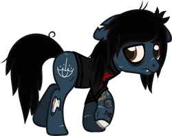Size: 1299x1023 | Tagged: safe, artist:lightningbolt, derpibooru import, ponified, earth pony, pony, undead, zombie, zombie pony, the mean 6, .svg available, bags under eyes, bone, clone, clothes, derpibooru exclusive, evil clone, fangs, floppy ears, frown, image, lidded eyes, looking back, male, messy mane, messy tail, nose piercing, piercing, png, raised hoof, sad, scar, shirt, show accurate, simple background, solo, stallion, stitches, t-shirt, tail, tattoo, torn ear, transparent background, vector, walking