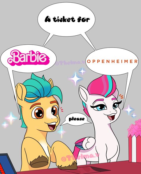 Size: 3307x4096 | Tagged: safe, artist:thelmavillagra, derpibooru import, hitch trailblazer, zipp storm, earth pony, pegasus, pony, g5, barbenheimer, barbie, barbie (film), cinema, cute, desk, duo, female, food, hitchzipp, image, jpeg, male, mare, markings, movie, open mouth, oppenheimer, popcorn, raised hoof, shipping, stallion, straight, unshorn fetlocks