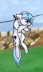 Size: 328x549 | Tagged: safe, artist:barhandar, oc, oc:starburn, unofficial characters only, original species, pegasus, plush pony, pony, clothes line, clothespin, colored sketch, crossed legs, drying, female, fence, grumpy, image, living object, mare, plushie, png, scruff, seams, signature, solo, wet, wingless