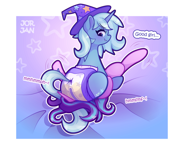 Size: 3551x3003 | Tagged: suggestive, artist:jorjan, derpibooru import, starlight glimmer, trixie, pony, unicorn, blushing, butt, butt focus, dialogue, diaper, diaper fetish, duo, duo female, eyebrows, faceful of ass, facesitting, female, females only, fetish, hat, image, lesbian, lip bite, mare, png, shipping, simple background, startrix, tail, urine, wet diaper