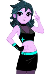 Size: 1194x1786 | Tagged: safe, artist:rosemile mulberry, derpibooru import, zephyr, equestria girls, bare shoulders, belly button, breasts, choker, cleavage, clothes, cybergoth, cyberpunk, eyebrows, eyeshadow, female, gauntlet, hand on hip, image, lipstick, looking at you, makeup, midriff, png, pointing, raised eyebrow, shadowbolts, simple background, skirt, smiling, smiling at you, solo, tanktop, tights, white background