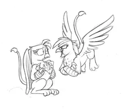 Size: 955x837 | Tagged: safe, artist:mickeymonster, derpibooru import, gilda, rainbow dash, gryphon, beak, confused, crossed arms, duo, female, flying, grayscale, griffonized, image, jpeg, monochrome, open beak, open mouth, shrunken pupils, simple background, smug, species swap, traditional art, white background