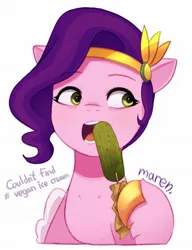 Size: 1569x2048 | Tagged: safe, artist:maren, derpibooru import, pipp petals, pegasus, pony, g5, cucumber, eating, female, food, hashtag, hoof hold, image, innuendo, jewelry, jpeg, mare, open mouth, popsicle, simple background, solo, text, tiara, vegan, white background