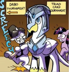 Size: 556x583 | Tagged: safe, artist:andypriceart, derpibooru import, idw, raven, twilight sparkle, twilight sparkle (alicorn), unnamed character, alicorn, gryphon, pony, unicorn, spoiler:comic, spoiler:comic62, armor, comic, dabo, image, male, official comic, paws, png, running away, star trek, star trek: deep space nine, unnamed griffon