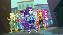 Size: 1280x720 | Tagged: safe, derpibooru import, screencap, applejack, fluttershy, pinkie pie, rainbow dash, rarity, sci-twi, sunset shimmer, twilight sparkle, human, equestria girls, boots, clothes, cowboy boots, crystal guardian, female, high heel boots, humane five, humane seven, humane six, image, png, ponied up, shoes