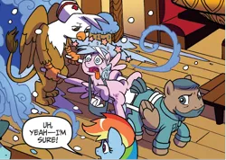 Size: 844x601 | Tagged: safe, artist:tonyfleecs, derpibooru import, idw, rainbow dash, unnamed character, unnamed pony, gryphon, pegasus, pony, spoiler:comic, spoiler:comicff36, bar, clothes, image, injured, jacket, mt. overhoot outpost, png, snow, unnamed griffon