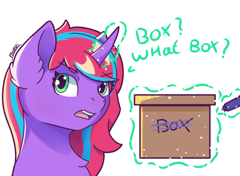 Size: 2307x1689 | Tagged: safe, artist:backgroundpony#f352, derpibooru import, oc, unofficial characters only, pony, unicorn, box, bust, cardboard box, eyes open, female, horn, image, magic, mare, marker, open mouth, png, signature, simple background, solo, teeth, telekinesis, text, transparent background
