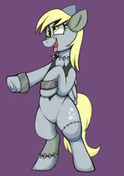 Size: 640x907 | Tagged: safe, artist:woofpoods, derpibooru import, derpy hooves, pegasus, clothes, costume, derp face, frankenpony, halloween, halloween 2022, halloween costume, holiday, image, open mouth, photo, png, purple background, shackles, simple background, solo, stitches, tongue out, yellow eyes, yellow mane