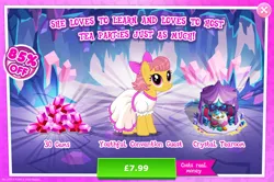 Size: 1961x1301 | Tagged: safe, derpibooru import, idw, official, marcie pan, earth pony, pony, advertisement, bow, chair, clothes, costs real money, dress, engrish, female, gameloft, gem, hair bow, idw showified, image, jpeg, mare, mobile game, my little pony: magic princess, numbers, sale, solo, solo focus, table, text