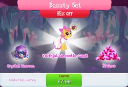 Size: 1263x857 | Tagged: safe, derpibooru import, idw, official, marcie pan, earth pony, pony, bow, bundle, chair, clothes, costs real money, dress, engrish, female, gameloft, gem, hair bow, idw showified, image, jpeg, mare, mobile game, my little pony: magic princess, numbers, sale, solo, solo focus, table, text