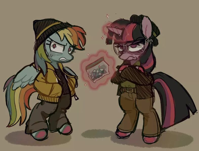 Size: 1080x823 | Tagged: safe, artist:tabbytoyger, derpibooru import, rainbow dash, twilight sparkle, pegasus, pony, unicorn, bag, beanie, belt, bipedal, breaking bad, clothes, drugs, duo, glasses, hat, image, jacket, jesse pinkman, jpeg, magic, meth, plastic bag, unicorn twilight, walter white