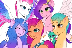 Size: 2215x1500 | Tagged: safe, artist:xiaowu07, derpibooru import, hitch trailblazer, izzy moonbow, pipp petals, sparky sparkeroni, sunny starscout, zipp storm, dragon, earth pony, pegasus, pony, unicorn, g5, female, hug, image, looking at each other, looking at someone, male, mane five, mare, png, ponytail, simple background, smiling, stallion