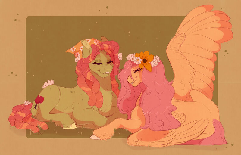 Size: 1920x1235 | Tagged: safe, artist:glorymoon, derpibooru import, fluttershy, tree hugger, earth pony, pegasus, pony, bandana, dreadlocks, eyes closed, female, floral head wreath, flower, flower in hair, flower in tail, flutterhugger, image, jpeg, lesbian, lying down, mare, one wing out, prone, shipping, smiling, tail, unshorn fetlocks, wings