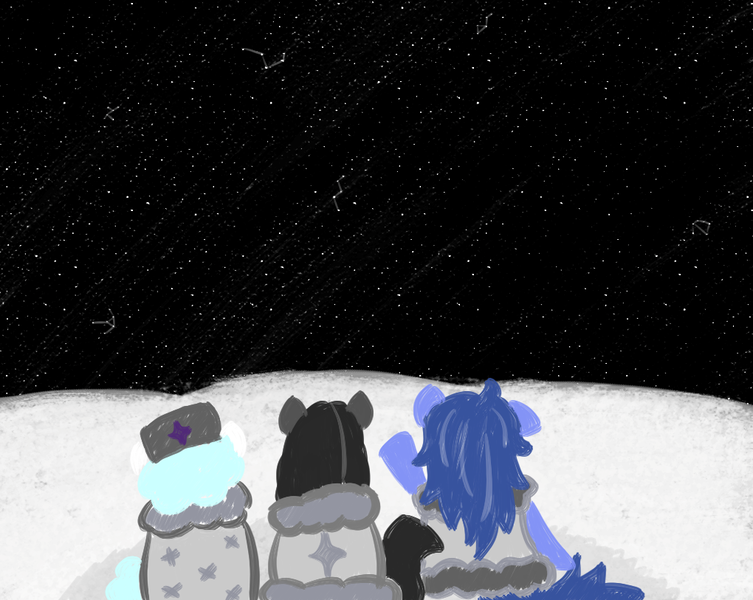 Size: 1020x813 | Tagged: safe, artist:castafae, derpibooru import, oc, oc:ambrosia, oc:misty moor, oc:snowdrift, earth pony, pony, facing away, female, image, png, sitting, snow, stargazing, stars, story included