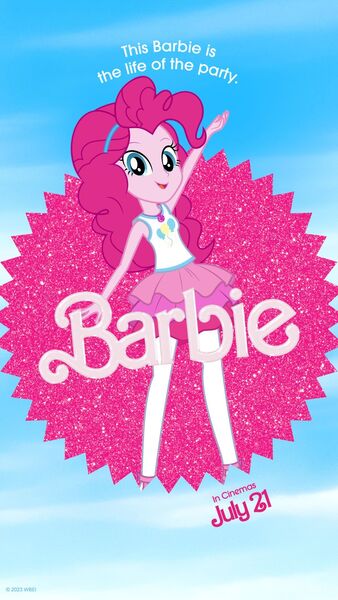 Size: 1080x1920 | Tagged: safe, artist:twilirity, derpibooru import, pinkie pie, human, equestria girls, barbie, barbie (film), female, image, jpeg, mattel, pink, poster, poster parody, solo