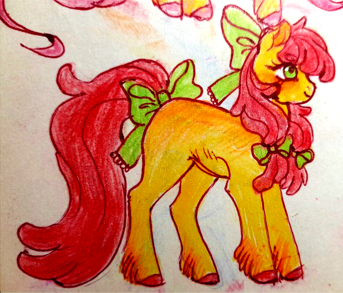 Size: 1100x942 | Tagged: safe, artist:lexkko, derpibooru import, apple bloom, earth pony, pony, blushing, bow, female, filly, foal, image, png, smiling, solo, tail, tail bow, traditional art, unshorn fetlocks, wrong eye color