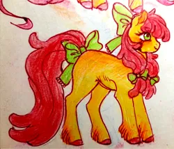 Size: 1100x942 | Tagged: safe, artist:lexkko, derpibooru import, apple bloom, earth pony, pony, blushing, bow, female, filly, foal, image, png, smiling, solo, tail, tail bow, traditional art, unshorn fetlocks, wrong eye color