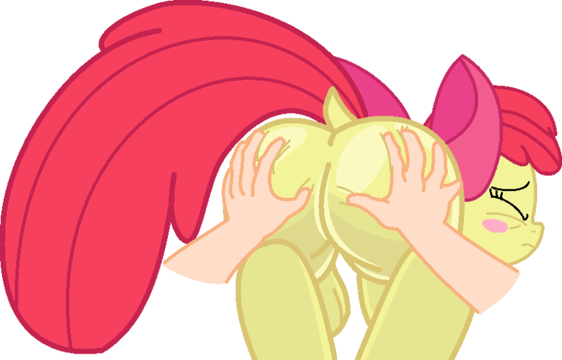 Size: 837x537 | Tagged: suggestive, artist:shonenforever, derpibooru import, apple bloom, earth pony, human, pony, adorabloom, apple bloom's bow, aside glance, blank flank, bloom butt, blush sticker, blushing, bow, butt, butt touch, buttcheeks, cute, dock, embarrassed, eyes closed, featureless crotch, female, filly, foal, foalcon, grope, hair bow, hand, hand on butt, image, large butt, looking at you, looking back, offscreen character, plot, png, pov, presenting, rear view, red hair, red tail, sexy, shiny butt, shiny skin, sideways glance, simple background, solo, solo female, stupid sexy apple bloom, tail, transparent background, underage, yellow fur, yellow skin
