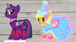 Size: 605x338 | Tagged: safe, artist:author92, artist:darlycatmake, derpibooru import, applejack, twilight sparkle, twilight sparkle (alicorn), alicorn, earth pony, pony, blushing, bow, clothes, dress, duo, duo female, ear piercing, female, flower, flower in hair, froufrou glittery lacy outfit, happy, hat, hennin, image, jewelry, looking at someone, looking at you, necklace, ninja, piercing, png, princess, princess applejack, smiling