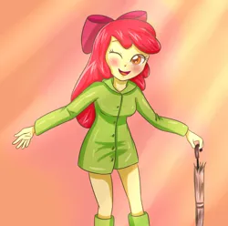 Size: 3507x3472 | Tagged: safe, artist:sumin6301, derpibooru import, apple bloom, human, equestria girls, 2012, adorabloom, blushing, cute, female, image, jpeg, old art, one eye closed, open mouth, rain, raincoat, smiling, solo, umbrella, wink