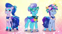 Size: 3072x1727 | Tagged: safe, derpibooru import, screencap, pegasus, pony, g5, my little pony: tell your tale, spoiler:g5, spoiler:my little pony: tell your tale, spoiler:tyts01e56, arpeggia, cape, clothes, coat markings, diva and conquer, dress, electric blue (g5), eyeshadow, fabulous, face paint, floral head wreath, flower, fretlock, garland, glasses, image, jam donut, jpeg, leg band, lipstick, looking at you, makeup, male, robe, smiling, smiling at you, socks (coat marking), stallion, trio, trio male, unshorn fetlocks