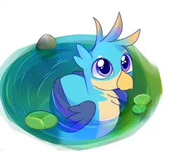 Size: 2127x1855 | Tagged: safe, artist:aureate serene, derpibooru import, gallus, behaving like a bird, deep water, floating, folded wings, image, lilypad, male, png, stone, whirlpool, wings, younger, younger gallus
