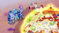 Size: 3072x1727 | Tagged: safe, derpibooru import, screencap, pipp petals, sunny starscout, zipp storm, earth pony, pegasus, pony, g5, my little pony: tell your tale, spoiler:g5, spoiler:my little pony: tell your tale, spoiler:tyts01e56, arpeggia, diva and conquer, electric blue (g5), female, fretlock, frown, glasses, image, jam donut, jpeg, magic, male, mare, open mouth, royal sisters (g5), siblings, sisters, stallion, telekinesis