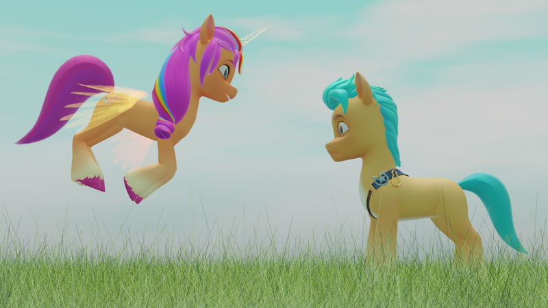 Size: 1920x1080 | Tagged: safe, artist:thisguy, derpibooru import, hitch trailblazer, sunny starscout, alicorn, earth pony, pony, g5, 3d, alicornified, blender, blue sky, duo, duo male and female, female, flying, grass, grass field, image, male, mane stripe sunny, mare, png, race swap, sad, sheriff's badge, shipping, smiling, stallion, straight, sunnyhitch, unshorn fetlocks