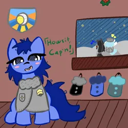 Size: 1020x1020 | Tagged: safe, artist:castafae, derpibooru import, oc, oc:ambrosia, oc:misty moor, oc:snowdrift, earth pony, pony, big tail, blushing, christmas, christmas stocking, dialogue, female, holiday, image, messy mane, png, sitting, story included, tail