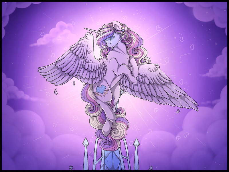 Size: 1032x774 | Tagged: safe, artist:binibean, derpibooru import, princess cadance, alicorn, pony, female, flying, image, looking at you, mare, png, smiling, smiling at you, solo, spread wings, wings
