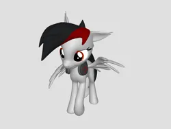 Size: 1200x900 | Tagged: safe, artist:kruvvv, derpibooru import, oc, oc:kruv, unofficial characters only, pegasus, pony, pony creator, 3d, 3d pony creator, happy, headphones, image, looking down, one ear down, pegasus oc, png, raised hoof, red eyes, simple background, smiling, solo, spread wings, standing, wings