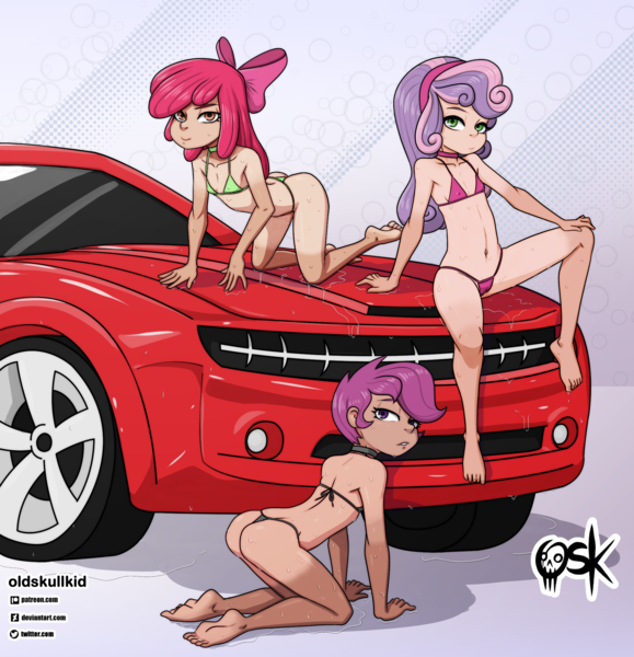 Size: 1929x2000 | Tagged: questionable, artist:oldskullkid, banned from derpibooru, edit, editor:anonymous, apple bloom, scootaloo, sweetie belle, human, belly button, bikini, black swimsuit, bloom butt, butt, cameltoe, car, car wash, child, choker, clothes, cutie mark crusaders, erect nipples, female, females only, green swimsuit, human coloration, humanized, image, lolicon, looking at you, micro bikini, nipple outline, panties, pink swimsuit, png, scootabutt, skin color edit, swimsuit, tan lines, thong, trio, trio female, underage, underwear, wet, young