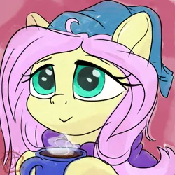 Size: 500x500 | Tagged: safe, artist:swishyfishy4308, derpibooru import, fluttershy, pegasus, pony, female, hat, image, mare, mug, nightcap, png