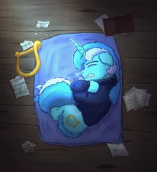 Size: 1306x1425 | Tagged: safe, artist:gosha305, derpibooru import, lyra heartstrings, pony, unicorn, fanfic:background pony, book, clothes, cold, dig the swell hoodie, eyes closed, fanfic art, female, floppy ears, full body, gritted teeth, high angle, hoodie, hooves, image, lying down, lyre, mare, music, music notes, musical instrument, paper, png, sad, self-hugging, shivering, solo, teeth, wooden floor, writing