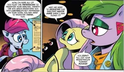Size: 822x481 | Tagged: safe, artist:andypriceart, derpibooru import, idw, fluttershy, unnamed character, unnamed pony, earth pony, pony, spoiler:comic, spoiler:comic64, 80's fashion, 80s, 80s hair, bangles, big hair, boots, clothes, comic, denim, denim jacket, ear piercing, earring, everything old, fashion crisis, female, image, jacket, jewelry, manehattan, mare, official comic, piercing, png, shoes, speech bubble