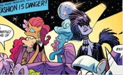 Size: 468x286 | Tagged: safe, artist:andypriceart, derpibooru import, idw, unnamed character, unnamed pony, earth pony, pony, unicorn, spoiler:comic, spoiler:comic64, 80's fashion, 80s, 80s hair, big hair, clothes, comic, ear piercing, earring, everything old, fashion crisis, female, fishnets, image, jewelry, manehattan, mare, official comic, piercing, png, skirt