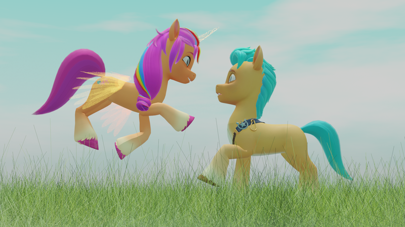 Size: 1920x1080 | Tagged: safe, artist:thisguy, derpibooru import, hitch trailblazer, sunny starscout, alicorn, earth pony, pony, g5, 3d, alicornified, blender, duo, duo male and female, female, flying, image, male, mane stripe sunny, mare, png, race swap, sheriff's badge, shipping, stallion, straight, sunnyhitch