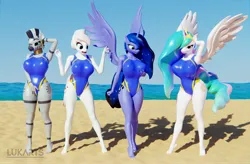 Size: 3840x2514 | Tagged: suggestive, artist:lukarts22, derpibooru import, nurse redheart, princess celestia, princess luna, zecora, alicorn, anthro, earth pony, plantigrade anthro, zebra, 3d, beach, big breasts, bikini, breasts, busty nurse redheart, busty princess celestia, busty princess luna, busty zecora, clothes, feet, female, females only, grope, huge breasts, image, jpeg, one-piece swimsuit, self grope, summer, swimsuit