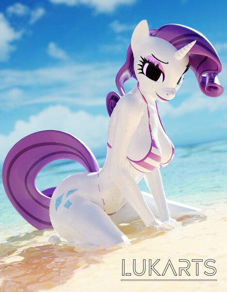 Size: 2800x3600 | Tagged: suggestive, artist:lukarts22, derpibooru import, rarity, anthro, 3d, beach, bikini, breasts, busty rarity, clothes, female, glow, glowing eyes, image, jpeg, looking at you, solo, solo female, summer, swimsuit, teary eyes, water