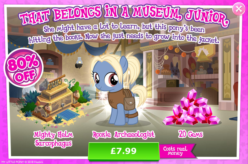 Size: 1966x1300 | Tagged: safe, derpibooru import, official, gentiana, earth pony, pony, advertisement, bag, bush, clothes, costs real money, english, female, filly, foal, gameloft, gem, image, jpeg, mare, mobile game, my little pony: magic princess, numbers, sale, shovel, solo, solo focus, text