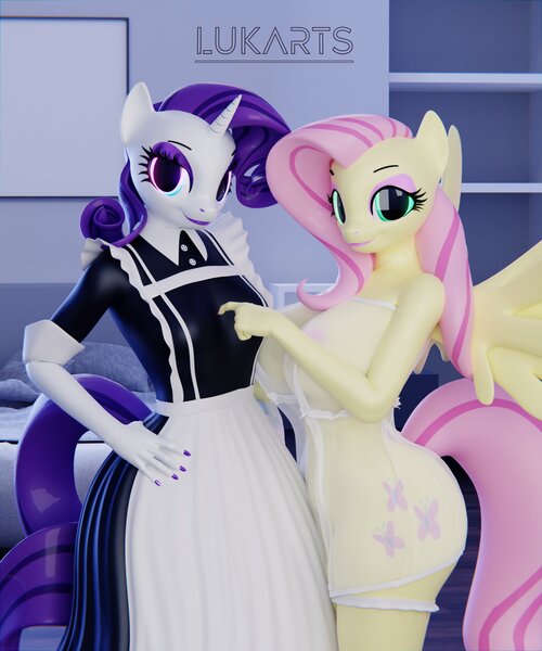 Size: 1920x2304 | Tagged: questionable, artist:lukarts22, derpibooru import, fluttershy, rarity, anthro, pegasus, unicorn, 3d, babydoll lingerie, breasts, busty fluttershy, busty rarity, cleavage, clothes, duo, duo female, female, females only, image, jpeg, lingerie, looking at you, maid, nipples, nudity, see-through